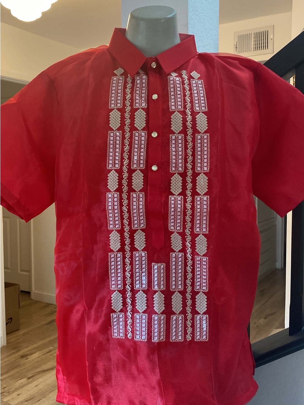 Red Men's Barong Tagalog Short Sleeve Shirt